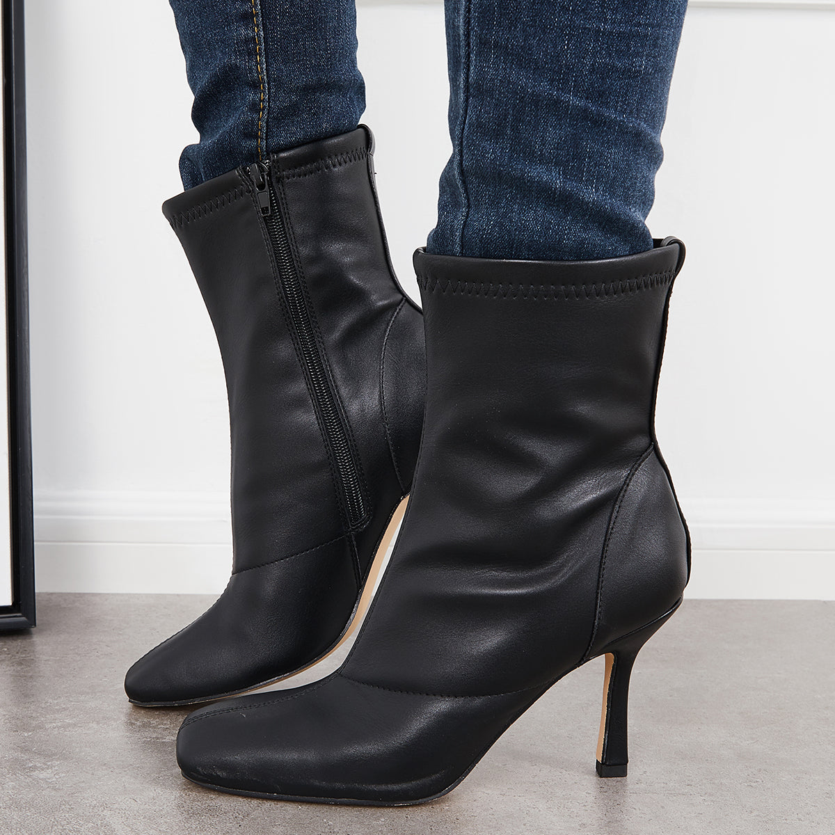 Square Toe Mid Calf Booties Stiletto Heels Zipper Ankle Boots