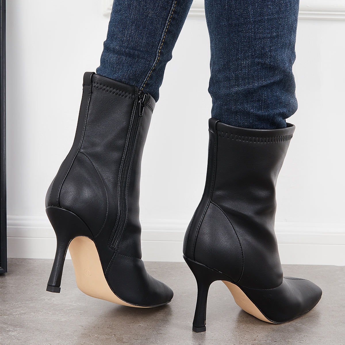 Women Fashion Leather Mid Calf Booties Stiletto Heels Zipper Ankle Boots