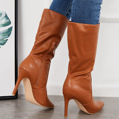 Women Mid Calf Boots Fashion Leather Heel Boots