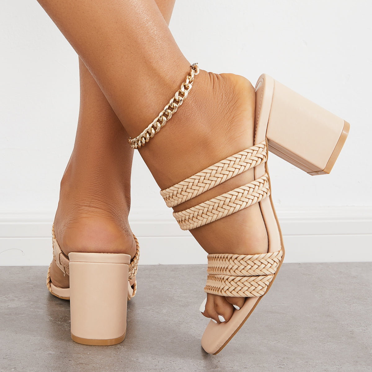 Braided Mule Heels Square Toe Slip on Block Heel Sandals