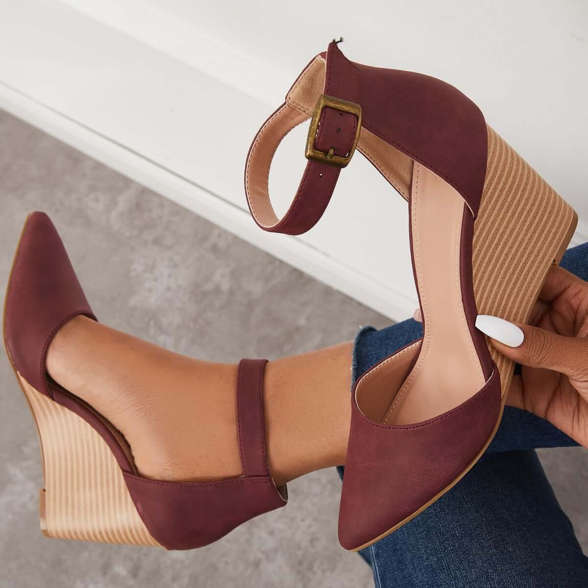 Classic Ankle Strap Wedges Pointed Toe Stacked Heel Dress Pumps