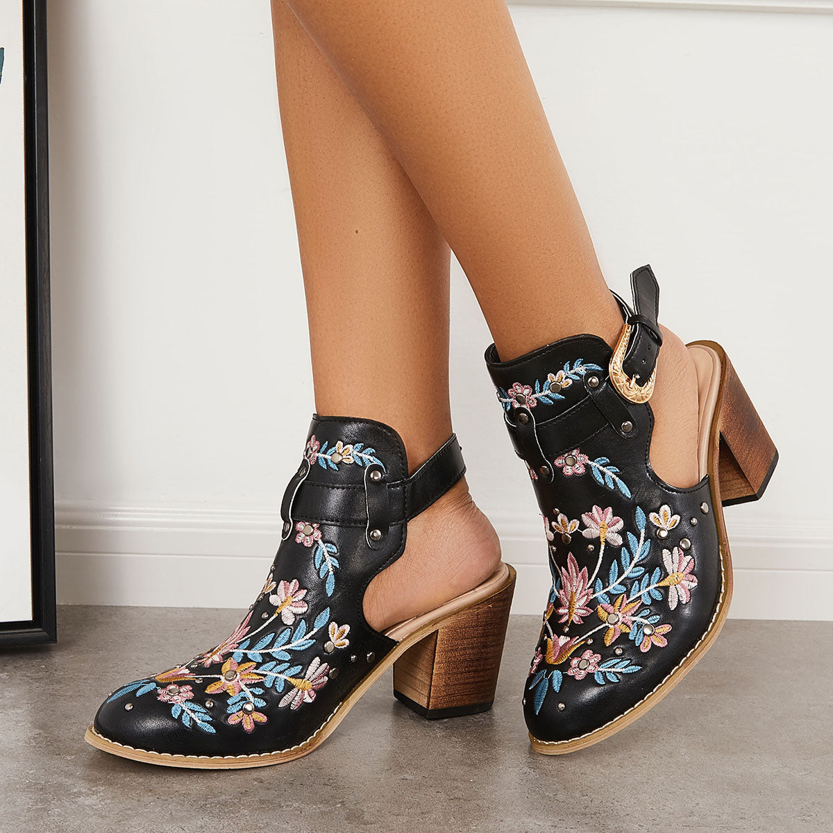 Cutout Embroidered Chunky Heels Ankle Strap Slingback Sandals