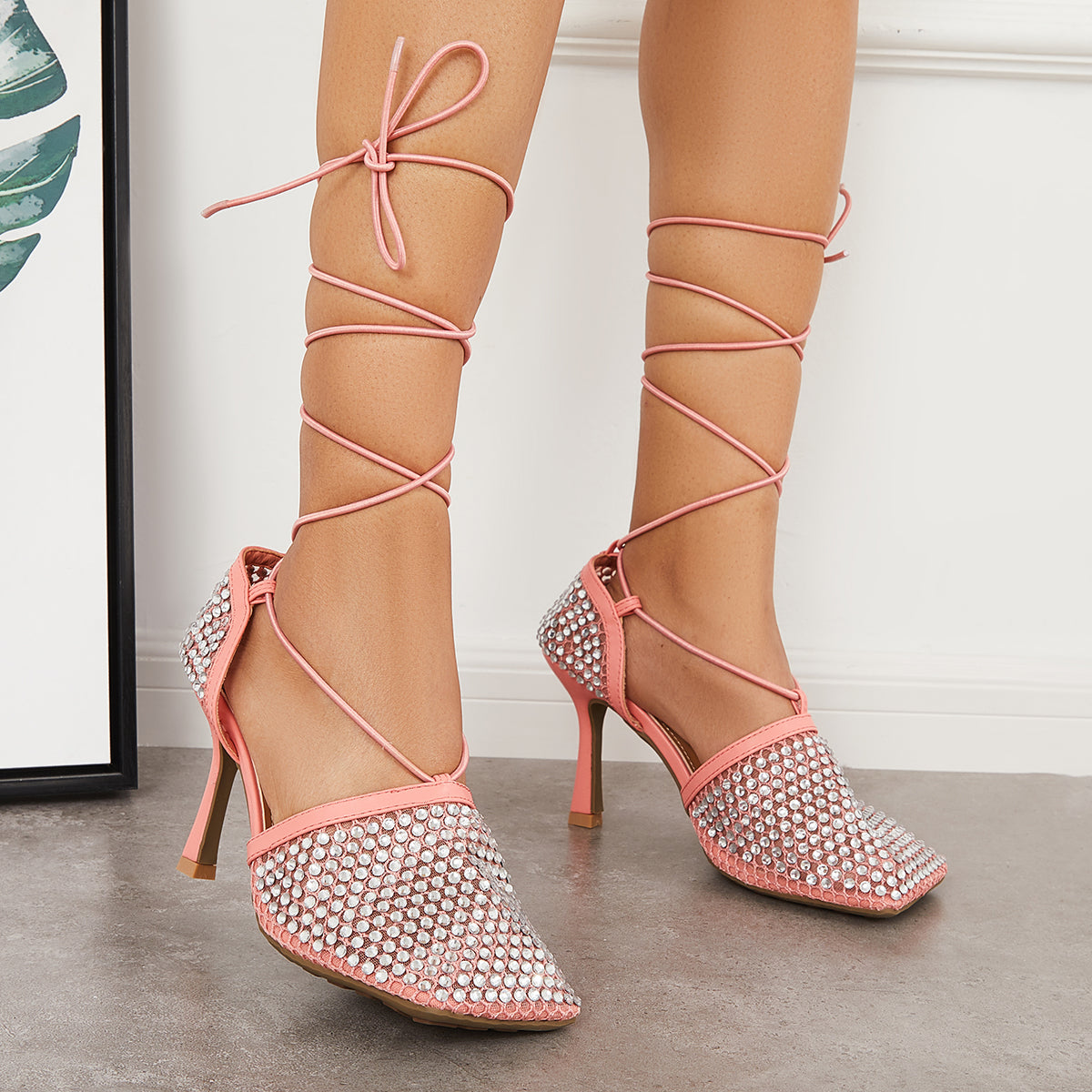 Rhinestone Square Toe Lace Up Strappy Stiletto Heel Sandals