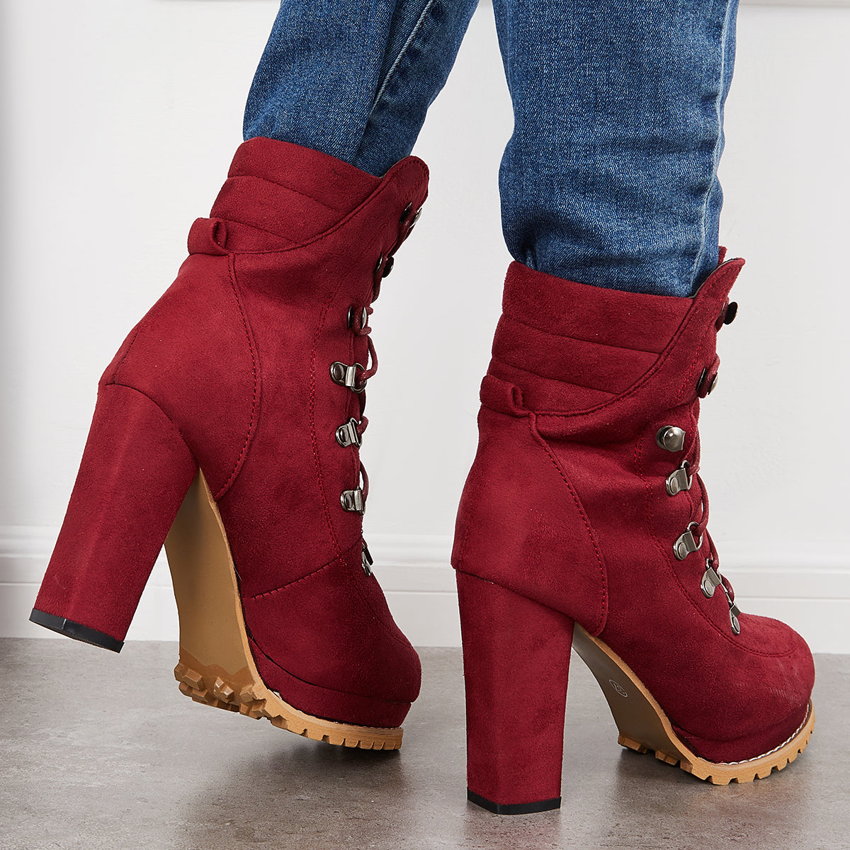 Non Slip Chunky Platform High Heels Lace Up Ankle Boots