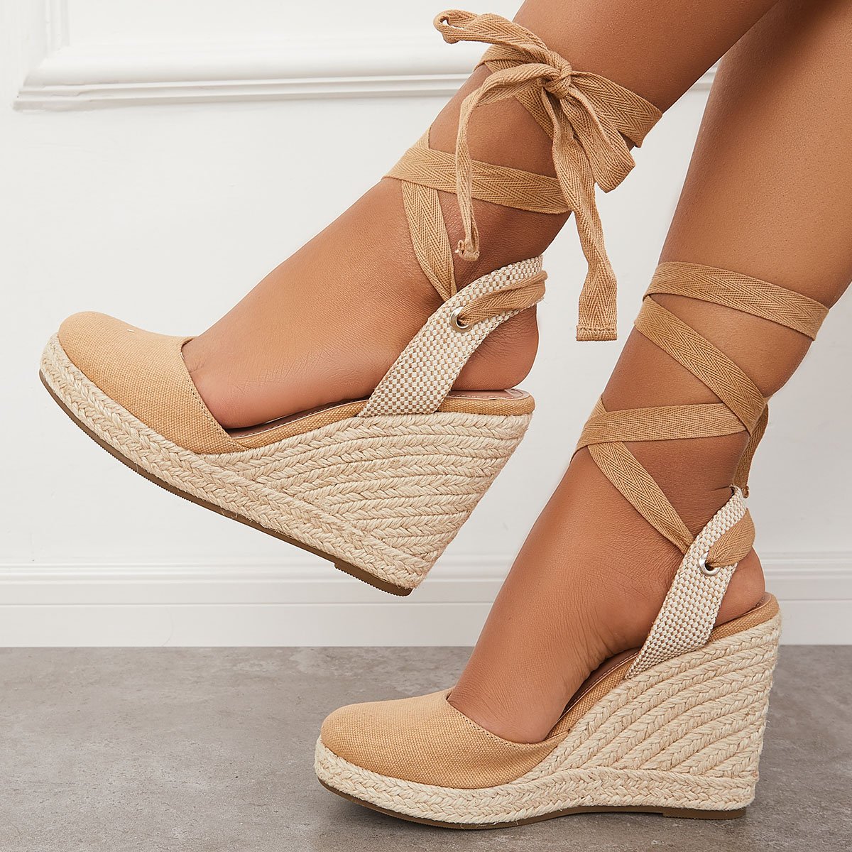 Women's Wedding Wedges Comfy Heels Lace-up Espadrille Heel Platform Sandals Closed Toe Wedges