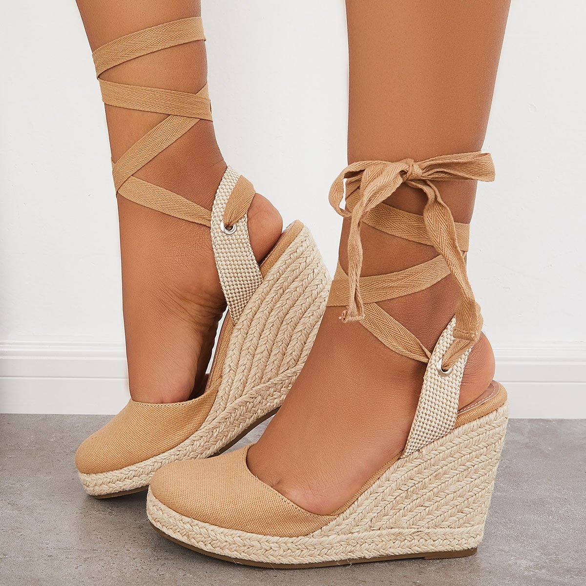 Women's Wedding Wedges Comfy Heels Lace-up Espadrille Heel Platform Sandals Closed Toe Wedges