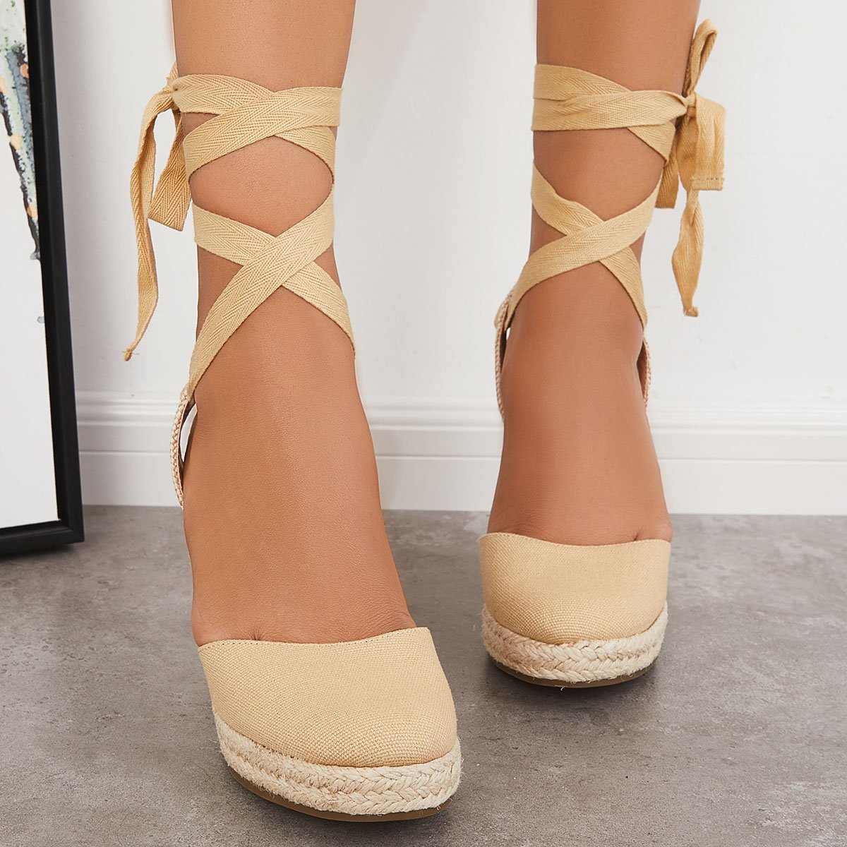 Women's Wedding Wedges Comfy Heels Lace-up Espadrille Heel Platform Sandals Closed Toe Wedges