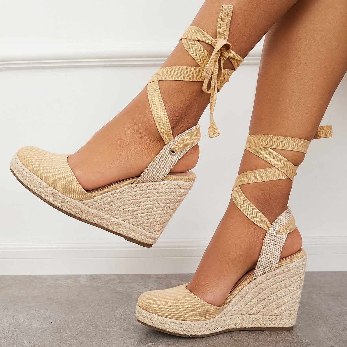 Women's Wedding Wedges Comfy Heels Lace-up Espadrille Heel Platform Sandals Closed Toe Wedges