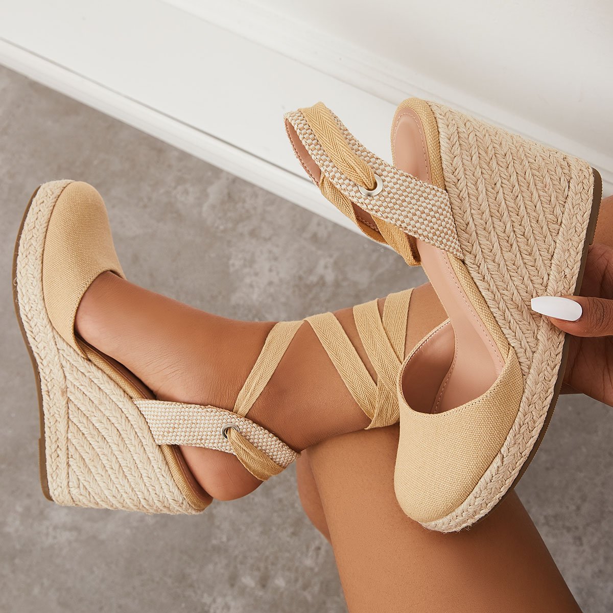 Women's Wedding Wedges Comfy Heels Lace-up Espadrille Heel Platform Sandals Closed Toe Wedges