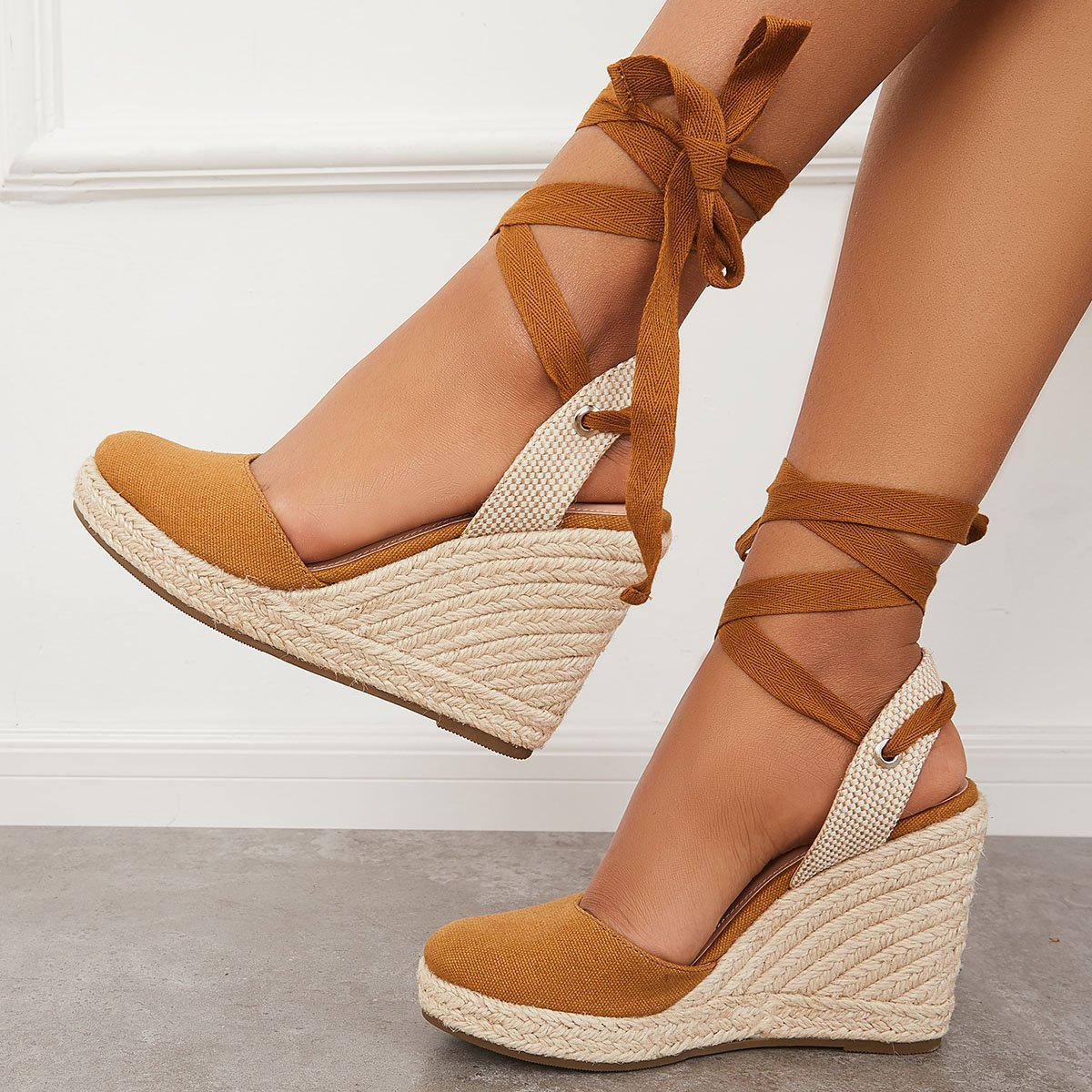 Women's Wedding Wedges Comfy Heels Lace-up Espadrille Heel Platform Sandals Closed Toe Wedges