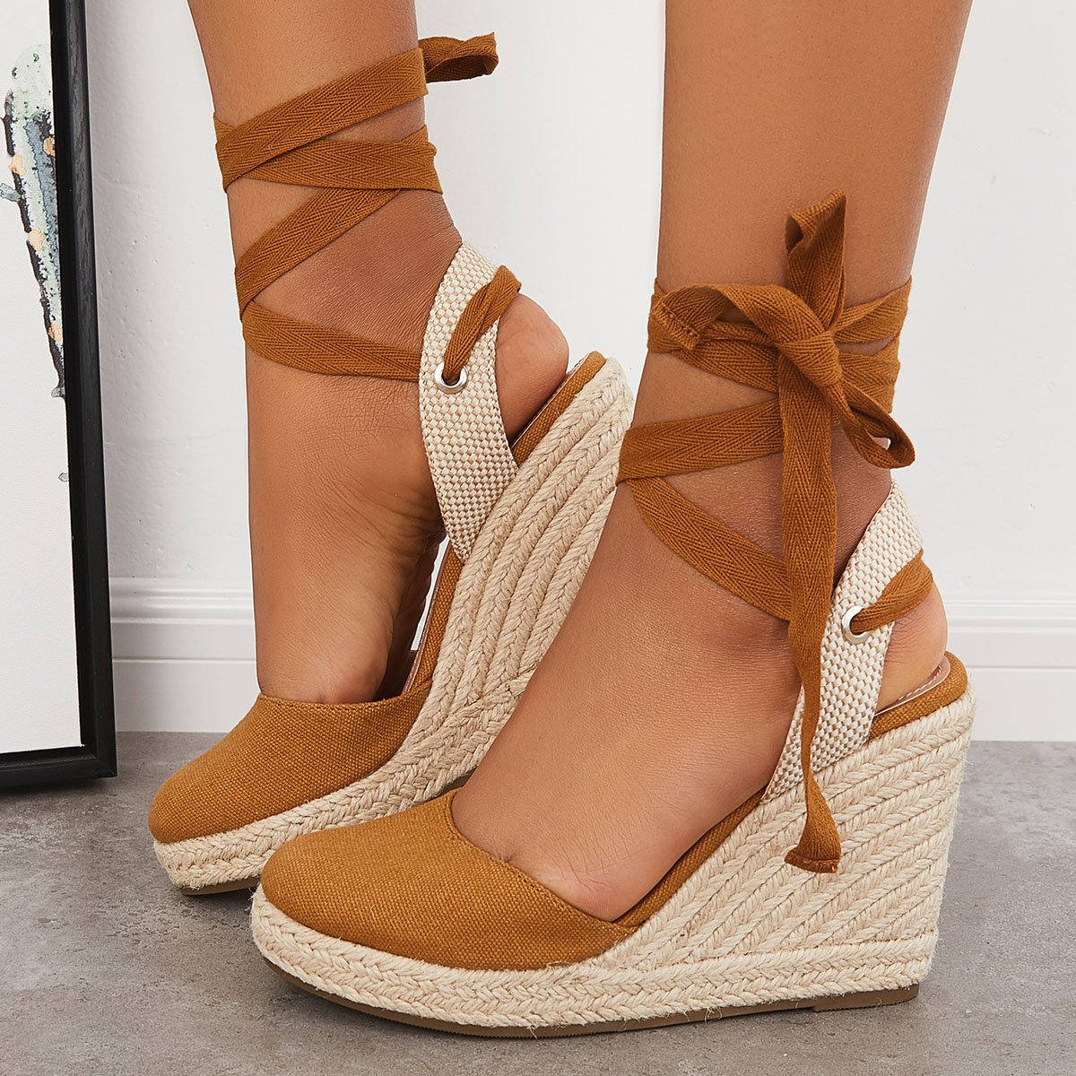 Women's Wedding Wedges Comfy Heels Lace-up Espadrille Heel Platform Sandals Closed Toe Wedges