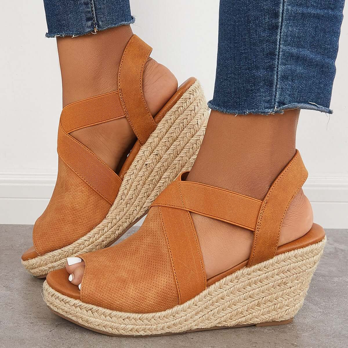 Women Summer Wedge Criss-Cross Ankle Strap Peep Toe Espadrille Platform Sandals