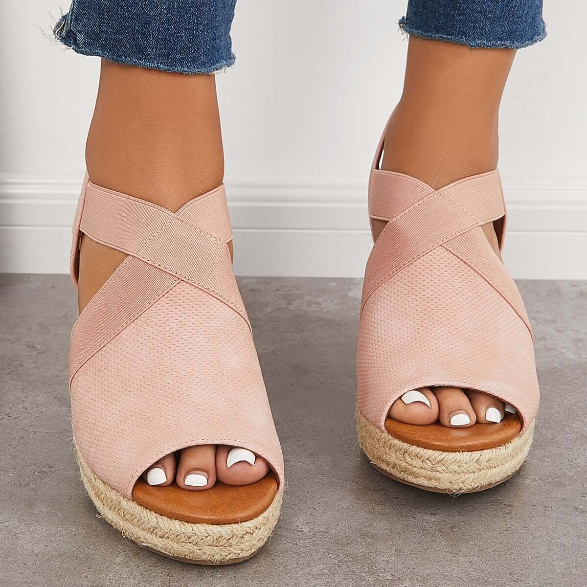 Women Summer Wedge Criss-Cross Ankle Strap Peep Toe Espadrille Platform Sandals