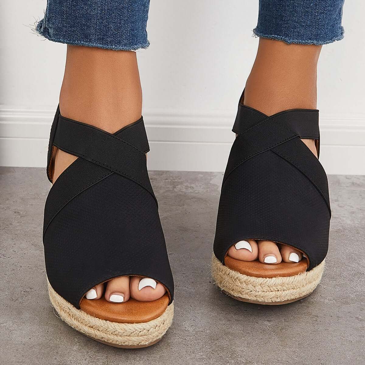 Women Summer Wedge Criss-Cross Ankle Strap Peep Toe Espadrille Platform Sandals