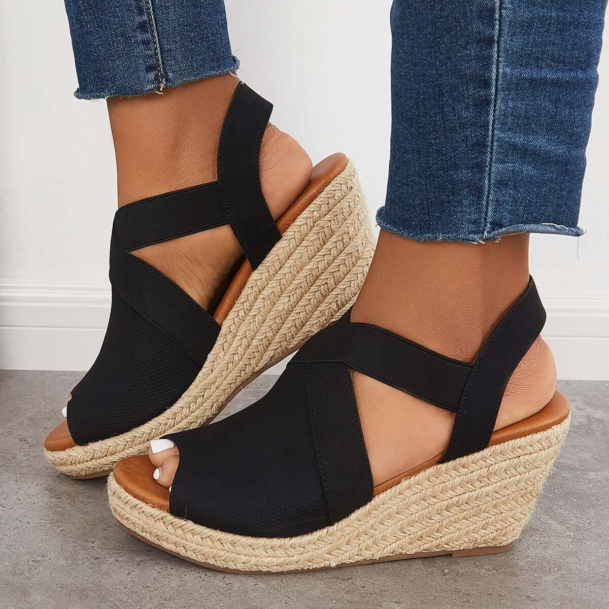 Women Summer Wedge Criss-Cross Ankle Strap Peep Toe Espadrille Platform Sandals