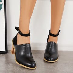 Retro Black Chunky Stacked High Heels Ankle Strap Boots