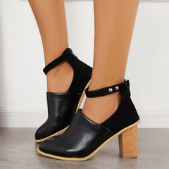 Retro Black Chunky Stacked High Heels Ankle Strap Boots