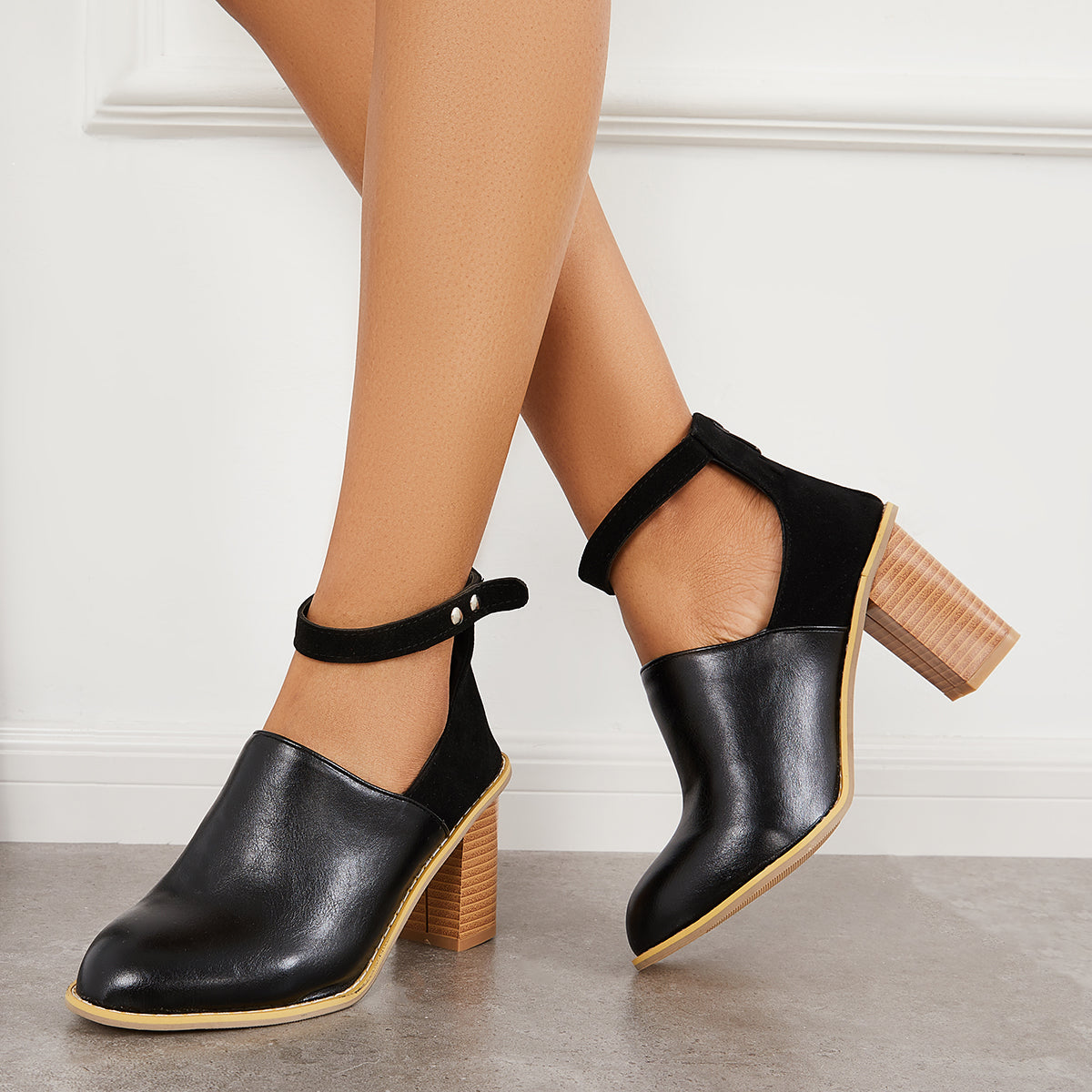 Retro Black Chunky Stacked High Heels Ankle Strap Boots