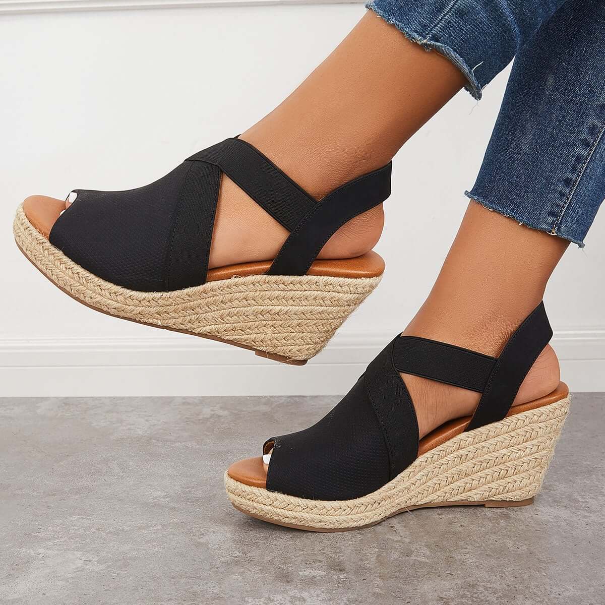 Women Summer Wedge Criss-Cross Ankle Strap Peep Toe Espadrille Platform Sandals