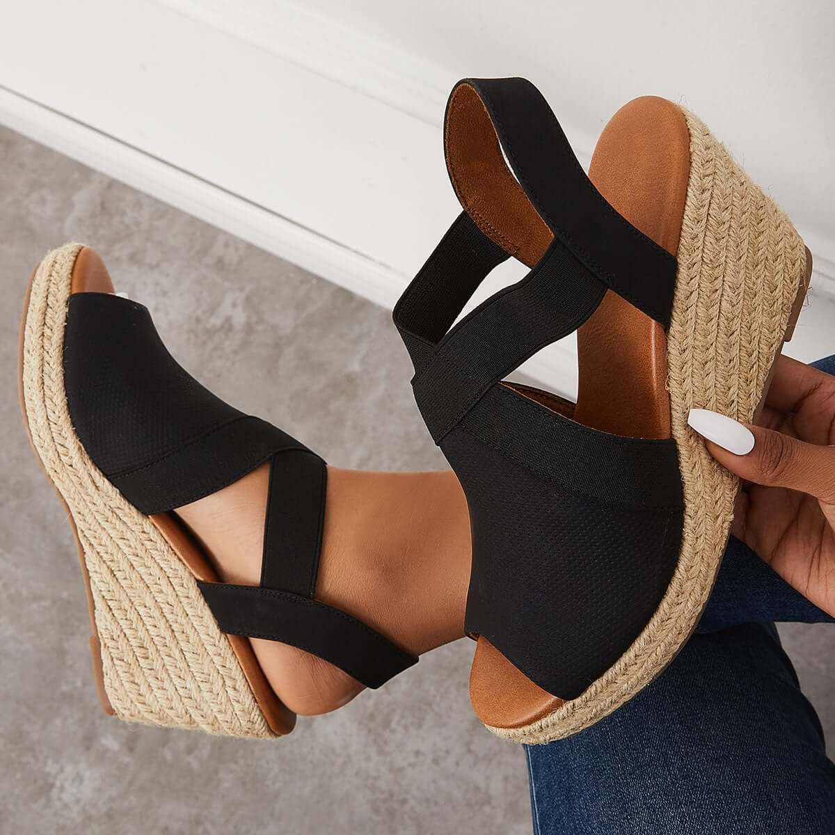 Women Summer Wedge Criss-Cross Ankle Strap Peep Toe Espadrille Platform Sandals