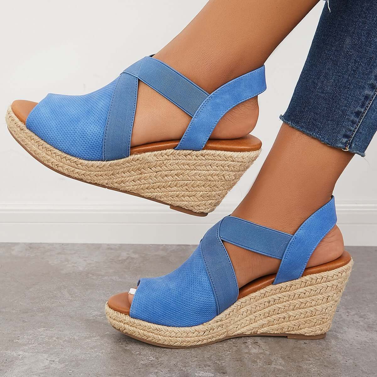 Women Summer Wedge Criss-Cross Ankle Strap Peep Toe Espadrille Platform Sandals