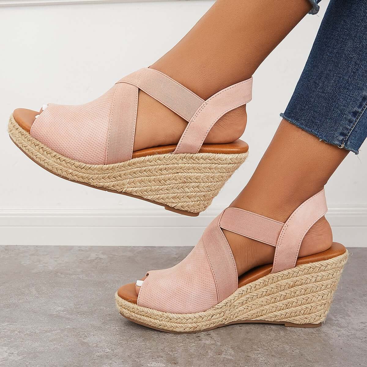 Women Summer Wedge Criss-Cross Ankle Strap Peep Toe Espadrille Platform Sandals