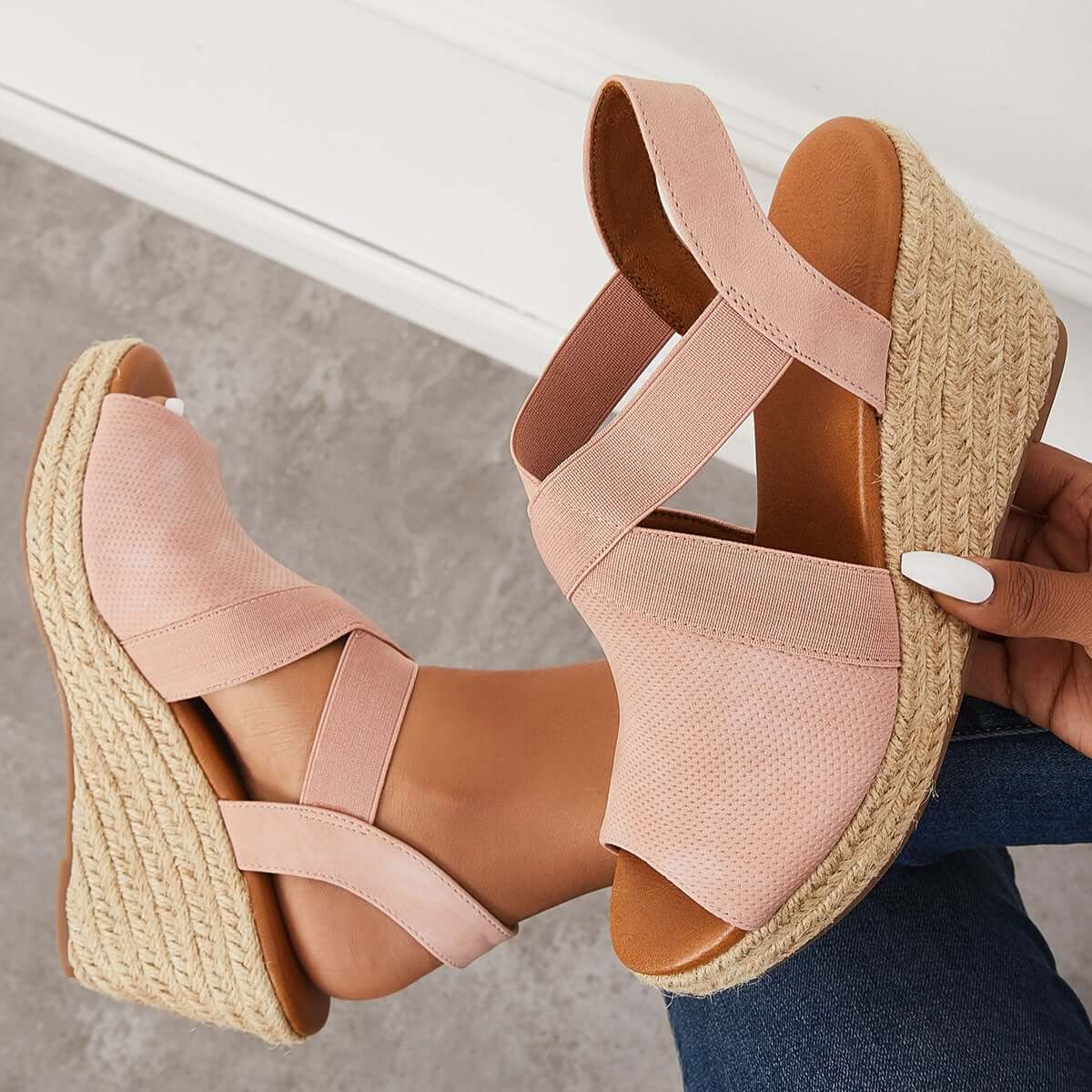 Women Summer Wedge Criss-Cross Ankle Strap Peep Toe Espadrille Platform Sandals