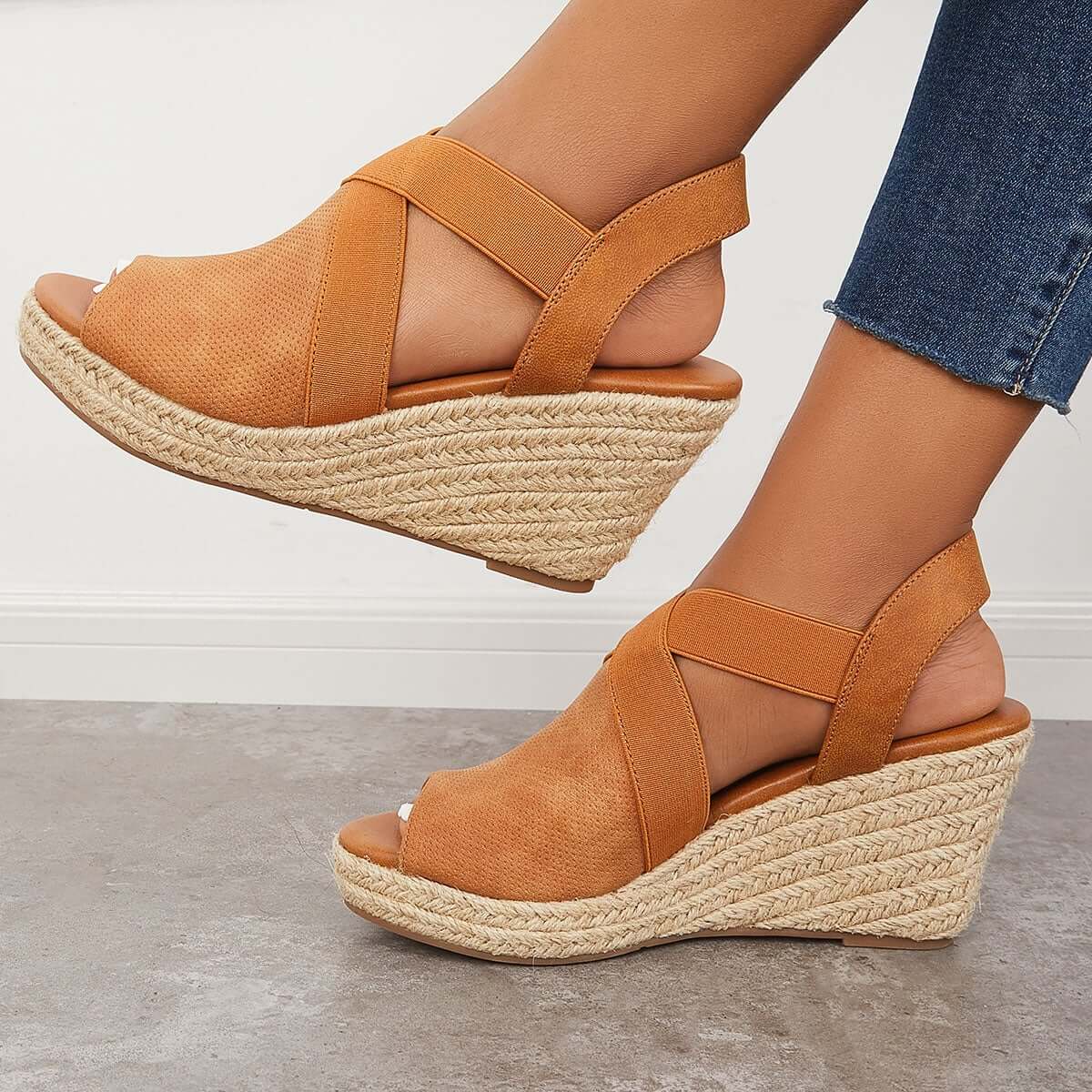 Women Summer Wedge Criss-Cross Ankle Strap Peep Toe Espadrille Platform Sandals