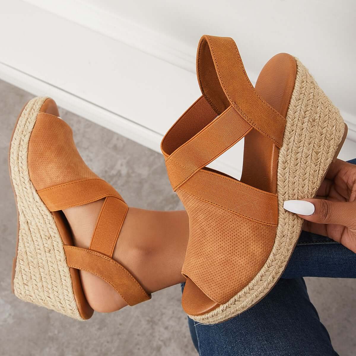 Women Summer Wedge Criss-Cross Ankle Strap Peep Toe Espadrille Platform Sandals