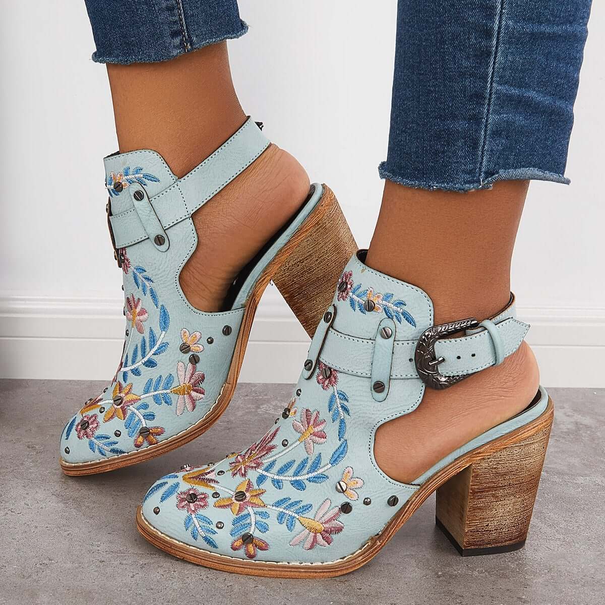 Cutout Embroidered Chunky Heels Ankle Strap Slingback Sandals