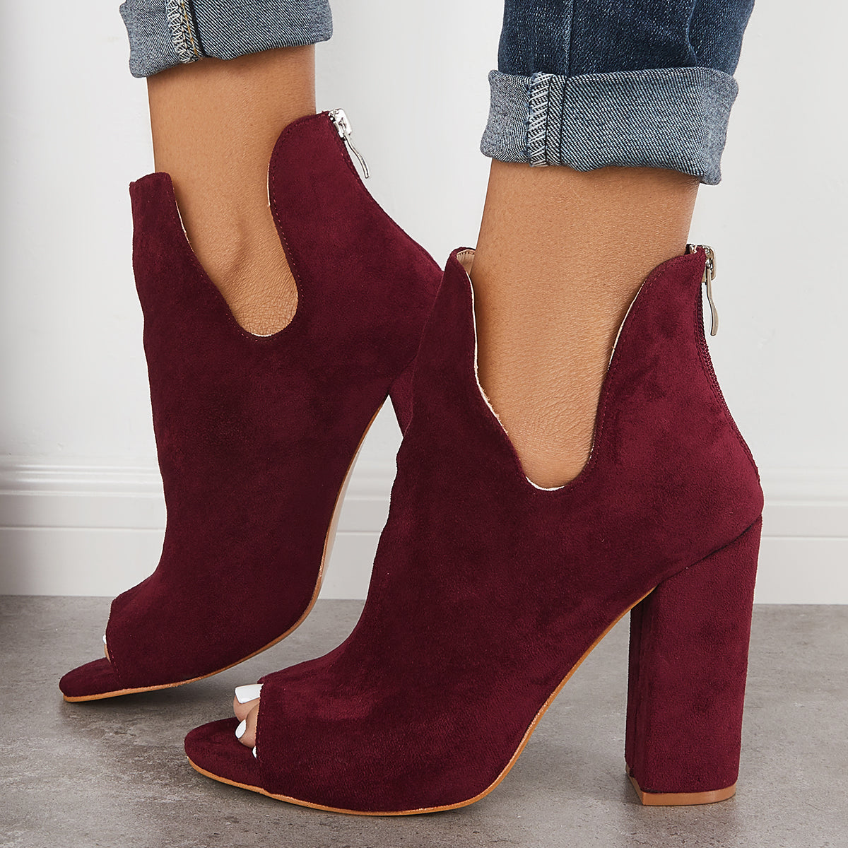 Cut Out Peep Toe Block Chunky High Heel Ankle Boots