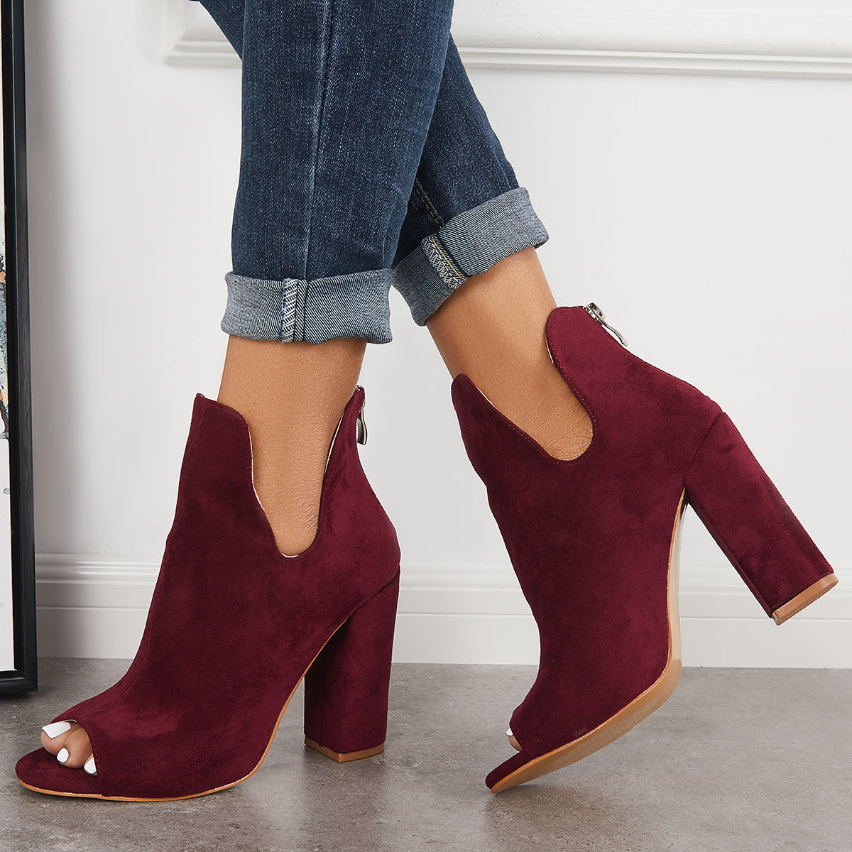 Cut Out Peep Toe Block Chunky High Heel Ankle Boots