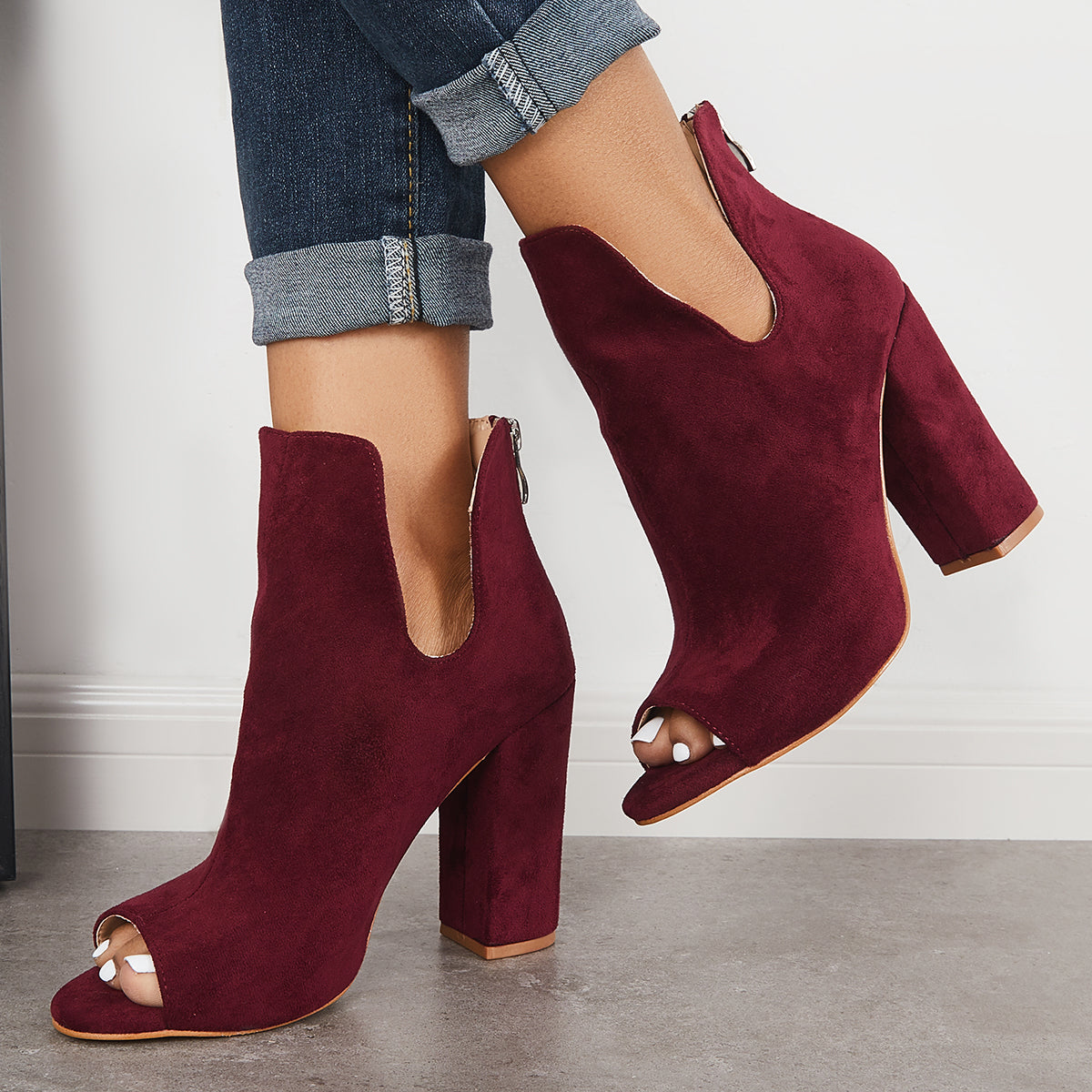 Cut Out Peep Toe Block Chunky High Heel Ankle Boots