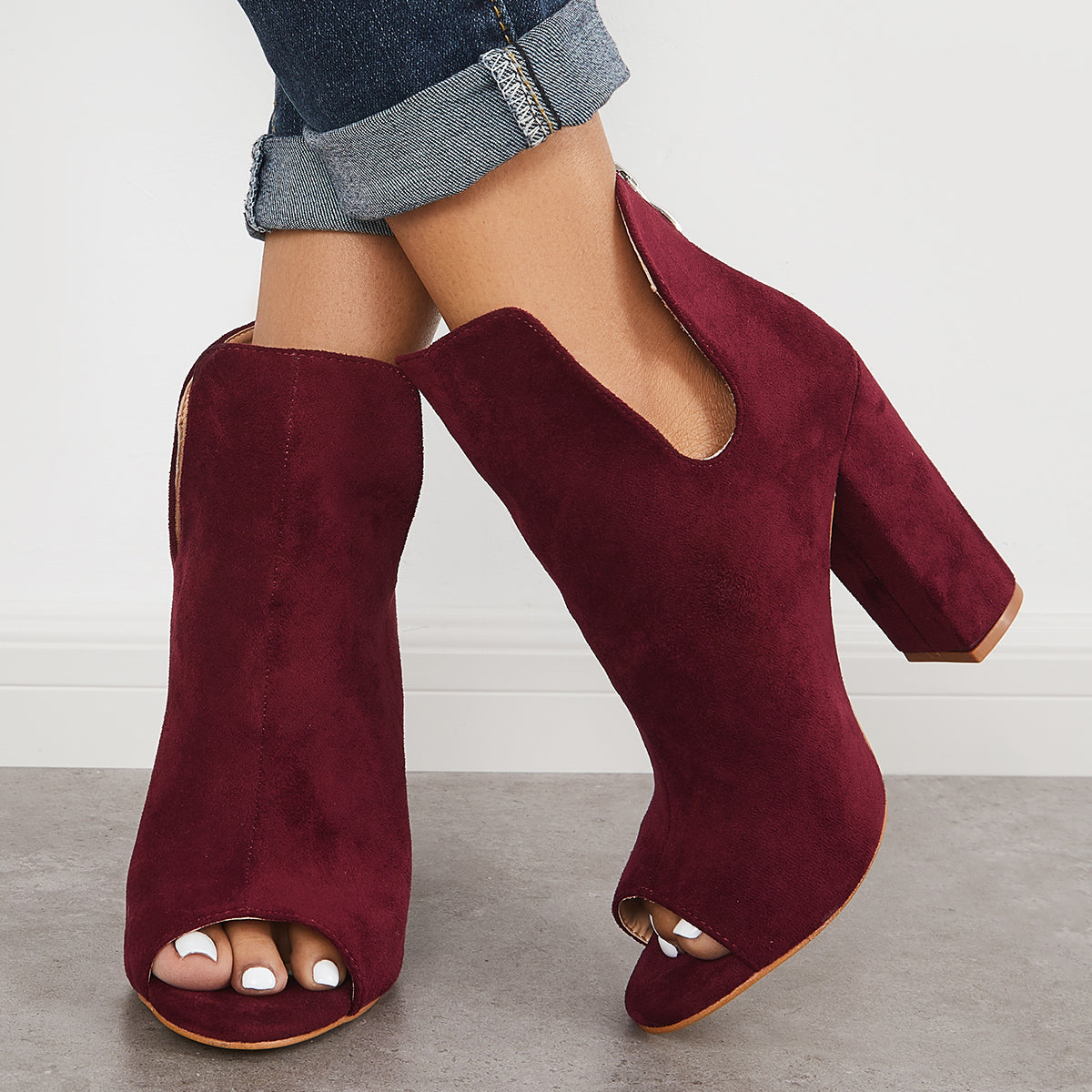 Cut Out Peep Toe Block Chunky High Heel Ankle Boots