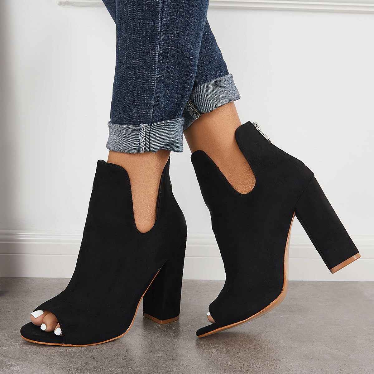 Cut Out Peep Toe Block Chunky High Heel Ankle Boots