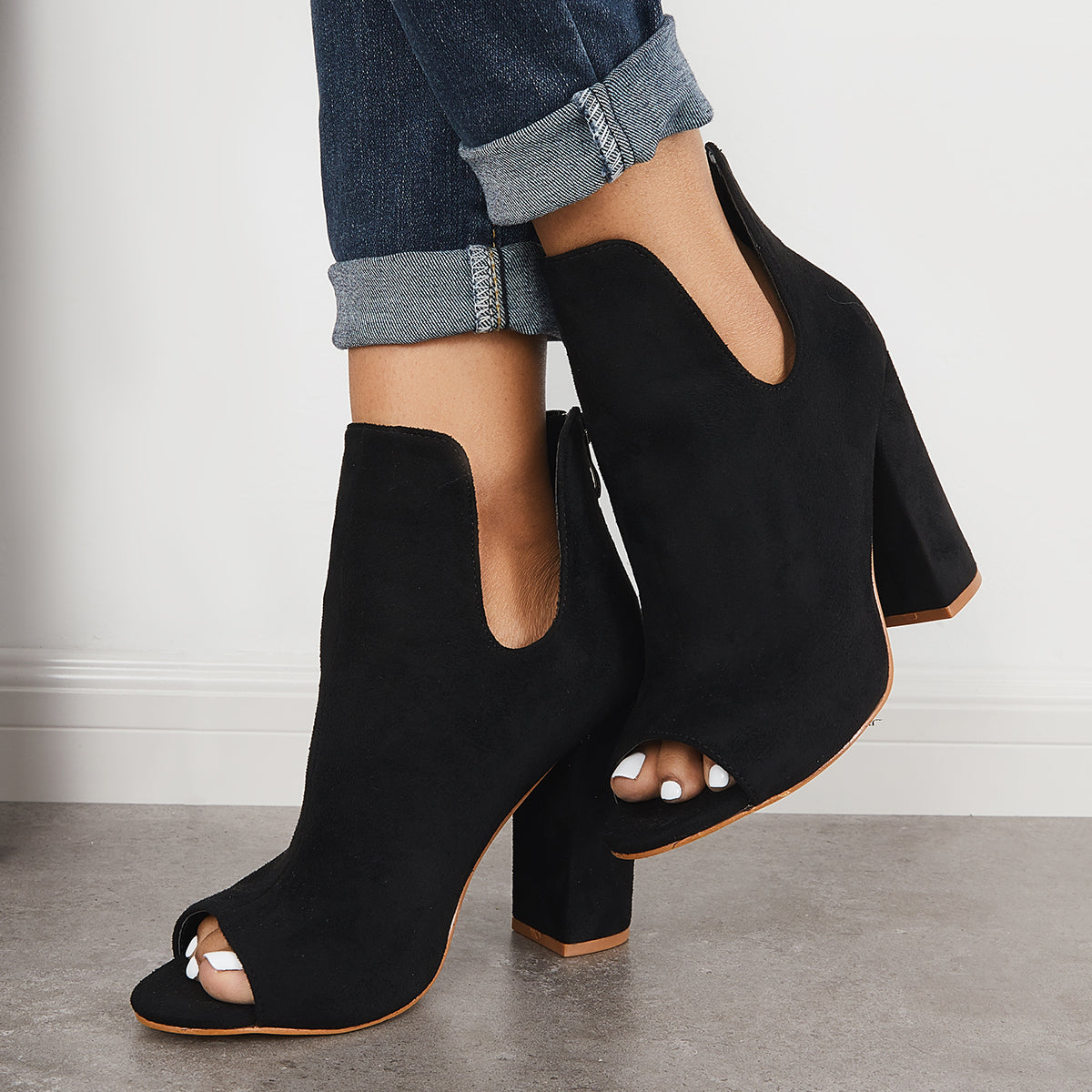 Cut Out Peep Toe Block Chunky High Heel Ankle Boots