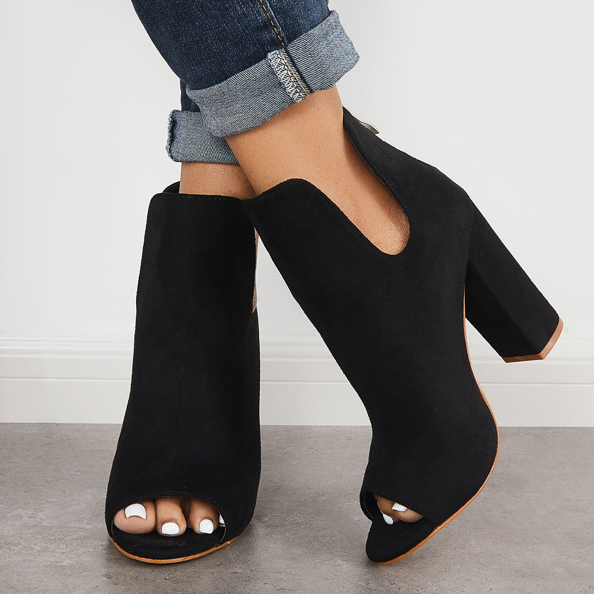 Cut Out Peep Toe Block Chunky High Heel Ankle Boots