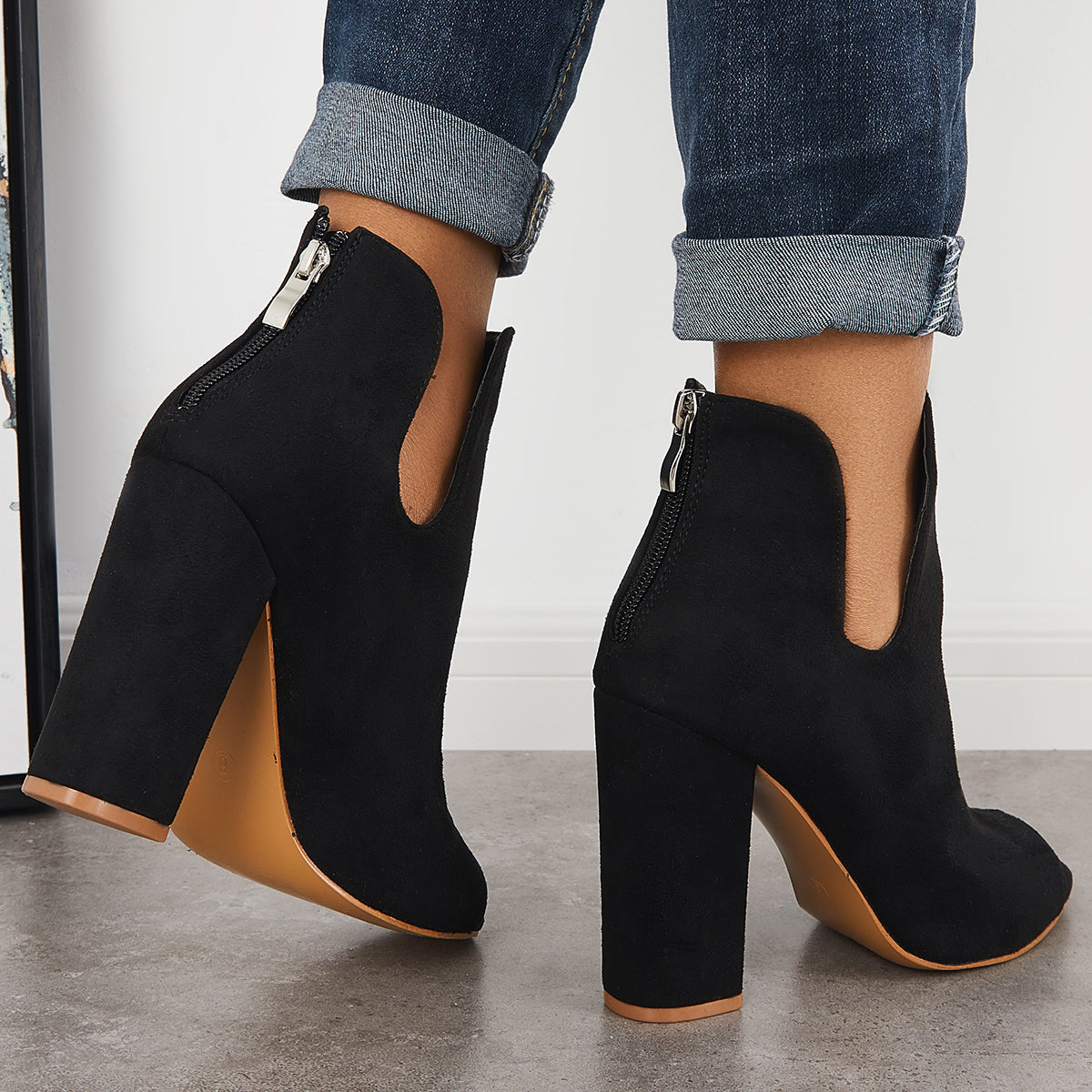 Cut Out Peep Toe Block Chunky High Heel Ankle Boots