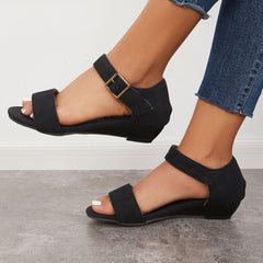 Women Black Sandals Open Toe Low Heels Wedge Ankle Strap Sandals