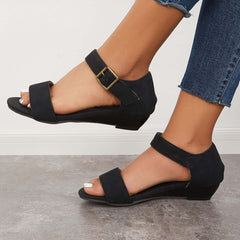 Black Open Toe Low Heels Wedge Ankle Strap Sandals