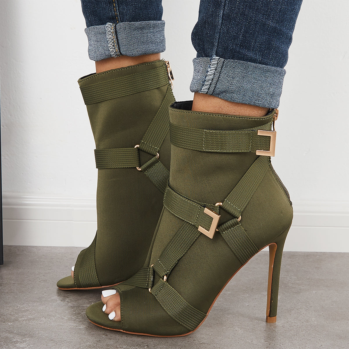 Peep Toe Stiletto High Heels Back Zipper Ankle Boots