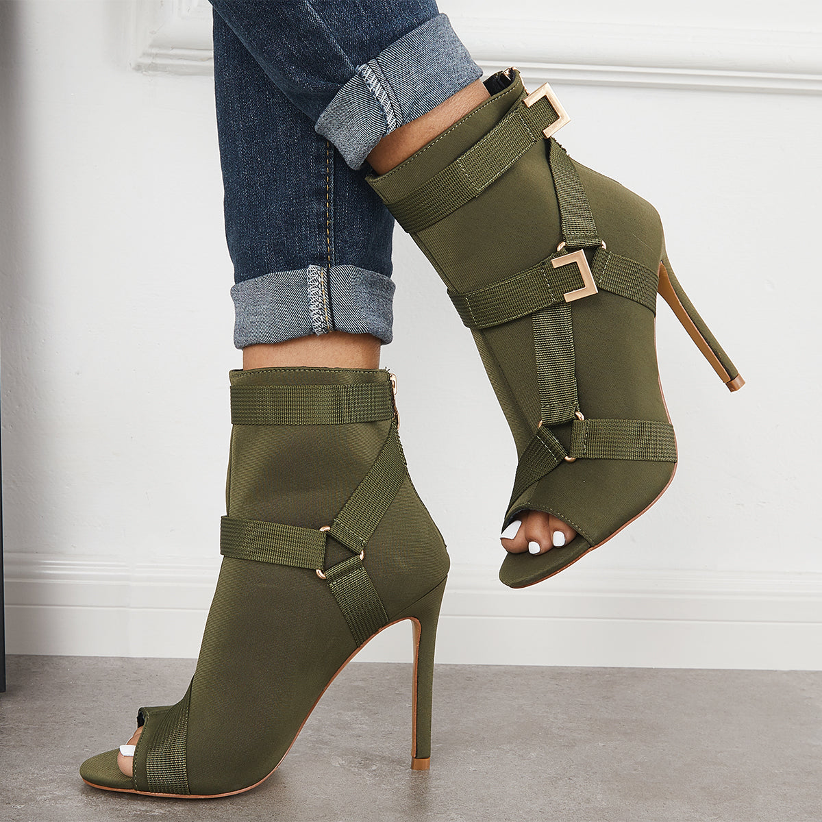 Peep Toe Stiletto High Heels Back Zipper Ankle Boots