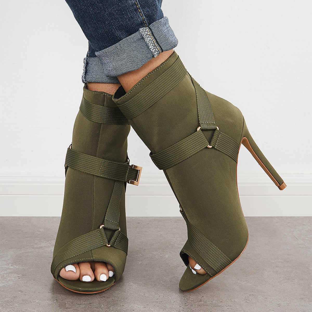 Peep Toe Stiletto High Heels Back Zipper Ankle Boots