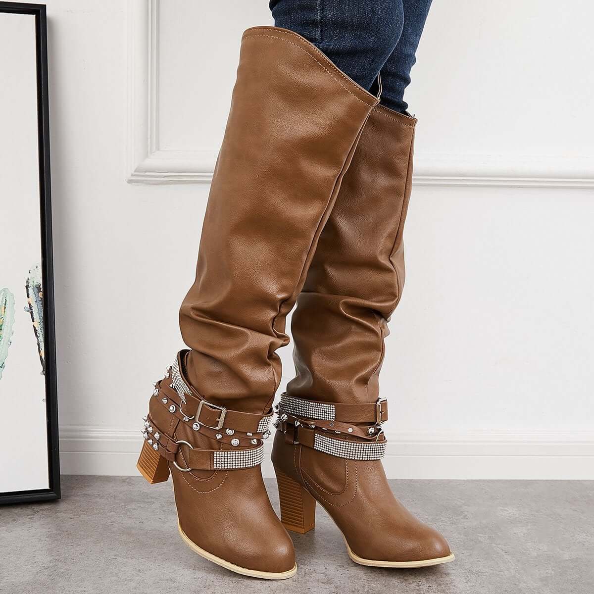 Women's Slouchy Knee High Riding Boots Chunky Heel Western Boots