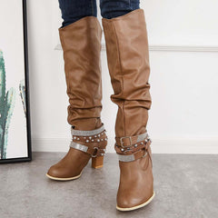 Women's Slouchy Knee High Riding Boots Chunky Heel Western Boots