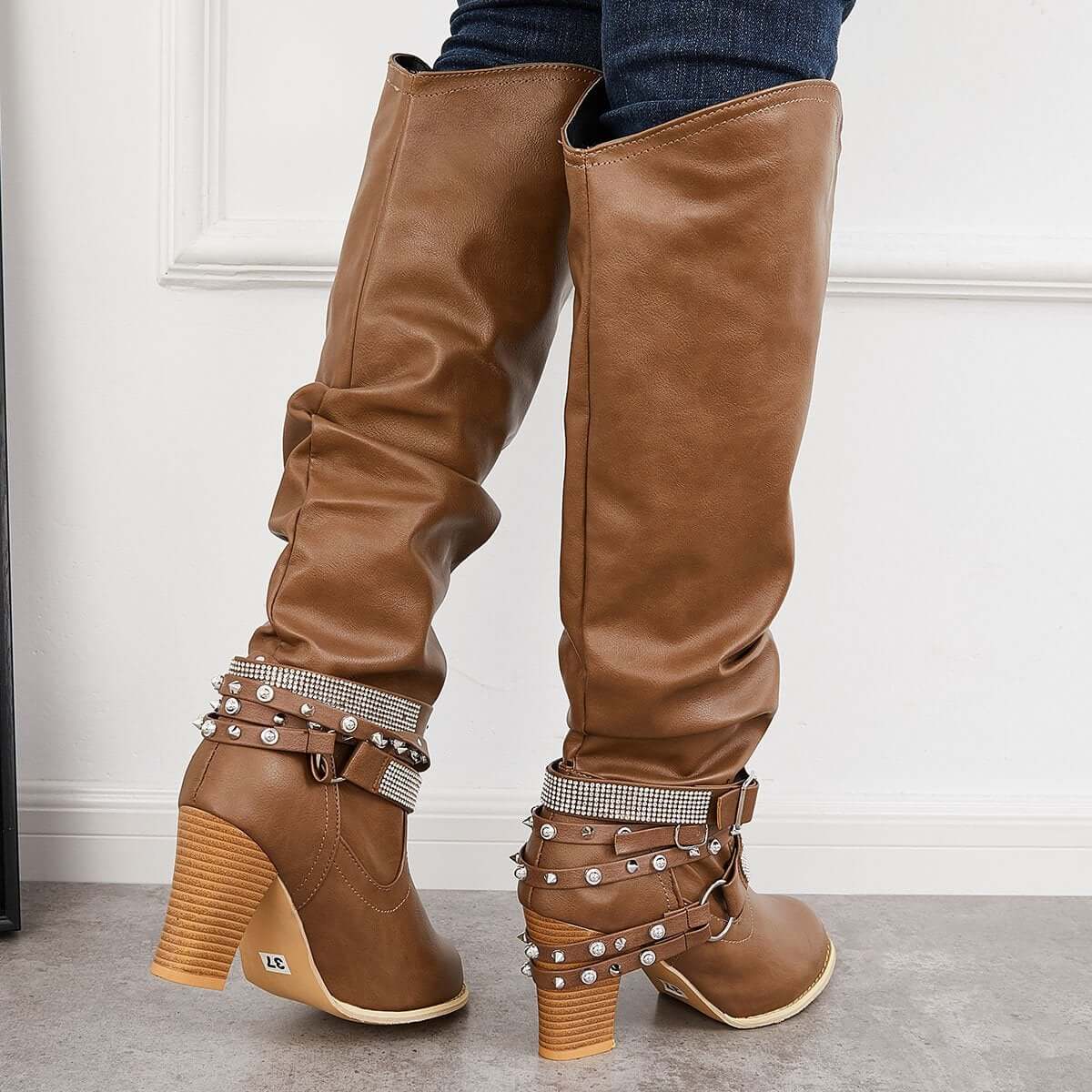 Women's Slouchy Knee High Riding Boots Chunky Heel Western Boots