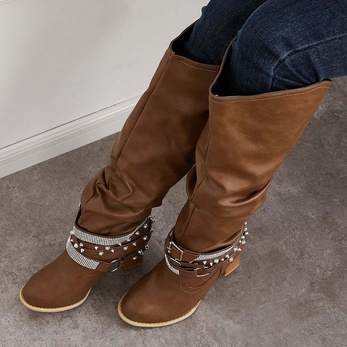 Women's Slouchy Knee High Riding Boots Chunky Heel Western Boots