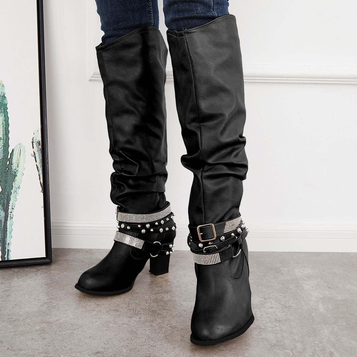 Women's Slouchy Knee High Riding Boots Chunky Heel Western Boots