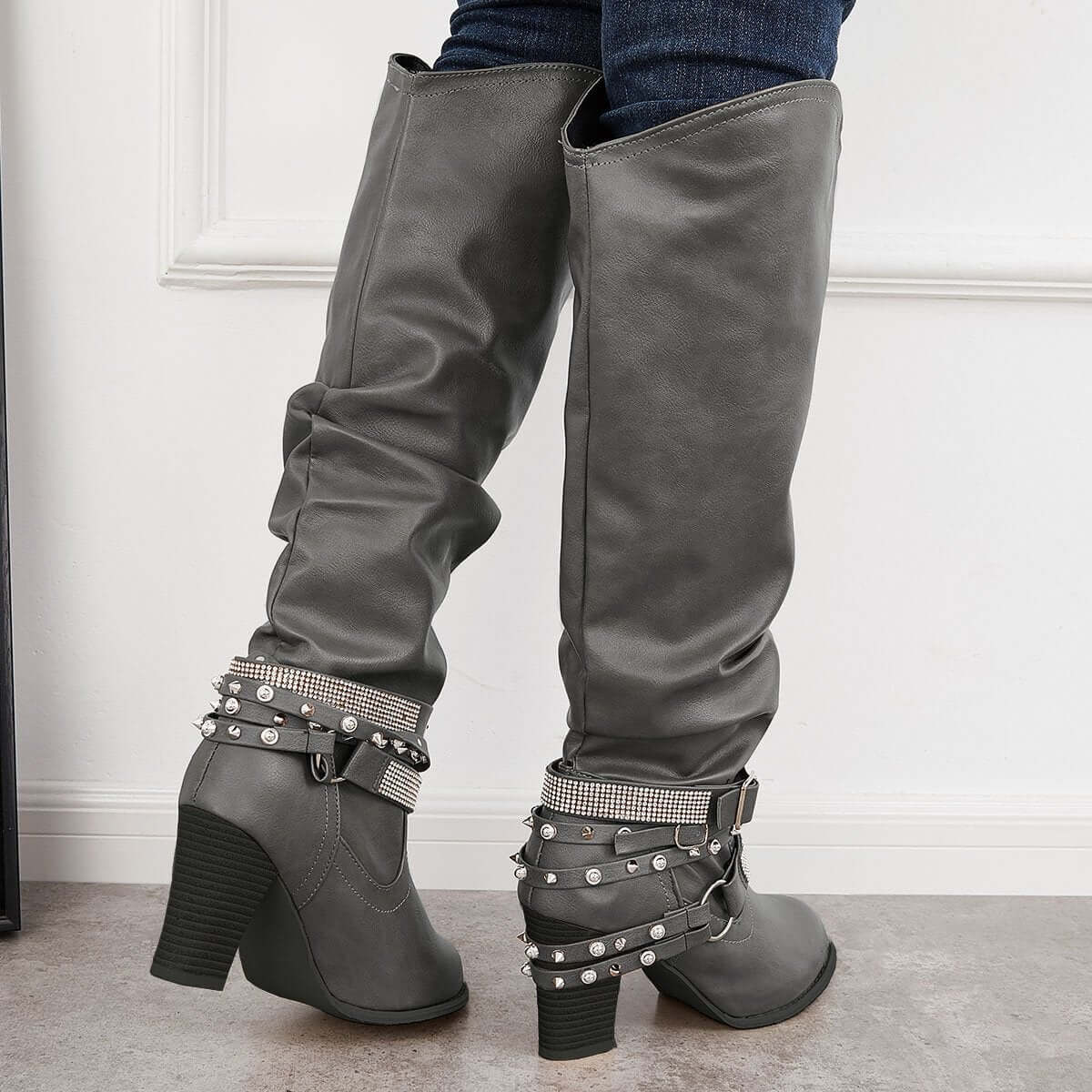 Women's Slouchy Knee High Riding Boots Chunky Heel Western Boots