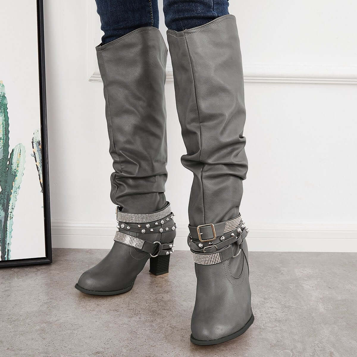 Women's Slouchy Knee High Riding Boots Chunky Heel Western Boots